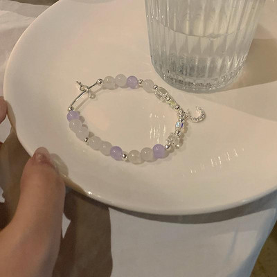 Balta violeta apaļa rokassprādze ar pērlītēm sievietēm Modes šarms spīdīga kristāla sirds atslēga Mēness kulons rokassprādze Estētiskas rotaslietas dāvanas