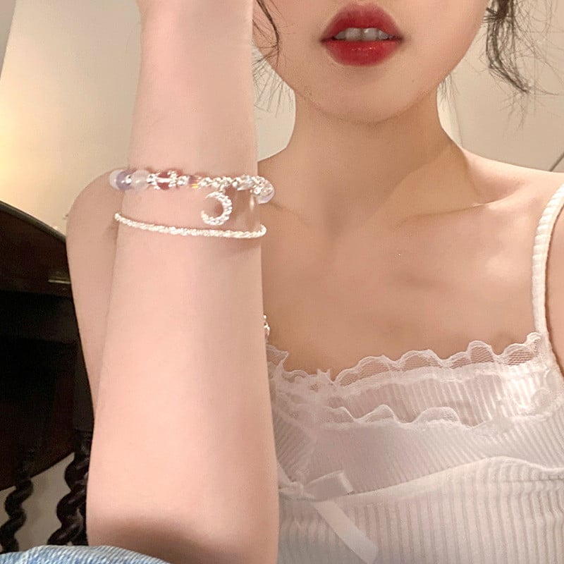 Balta violeta apaļa rokassprādze ar pērlītēm sievietēm Modes šarms spīdīga kristāla sirds atslēga Mēness kulons rokassprādze Estētiskas rotaslietas dāvanas