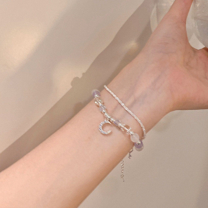 Balta violeta apaļa rokassprādze ar pērlītēm sievietēm Modes šarms spīdīga kristāla sirds atslēga Mēness kulons rokassprādze Estētiskas rotaslietas dāvanas