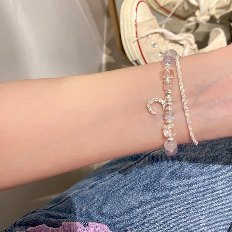 Balta violeta apaļa rokassprādze ar pērlītēm sievietēm Modes šarms spīdīga kristāla sirds atslēga Mēness kulons rokassprādze Estētiskas rotaslietas dāvanas