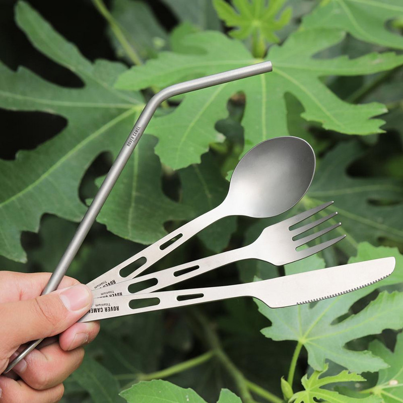 3 részes evőeszköz készlet titán kültéri kemping túrázás piknik kanál kés evővilla kemping étkészlethez