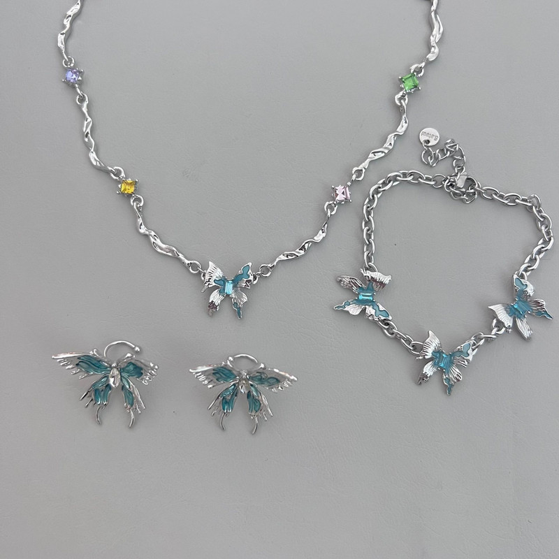 Blue Crystal Butterfly Choker kaklarota sievietēm Romantiska, salda, forša, estētiska, šarma, rokassprādzes auskari sievietēm 2023. gada tendence