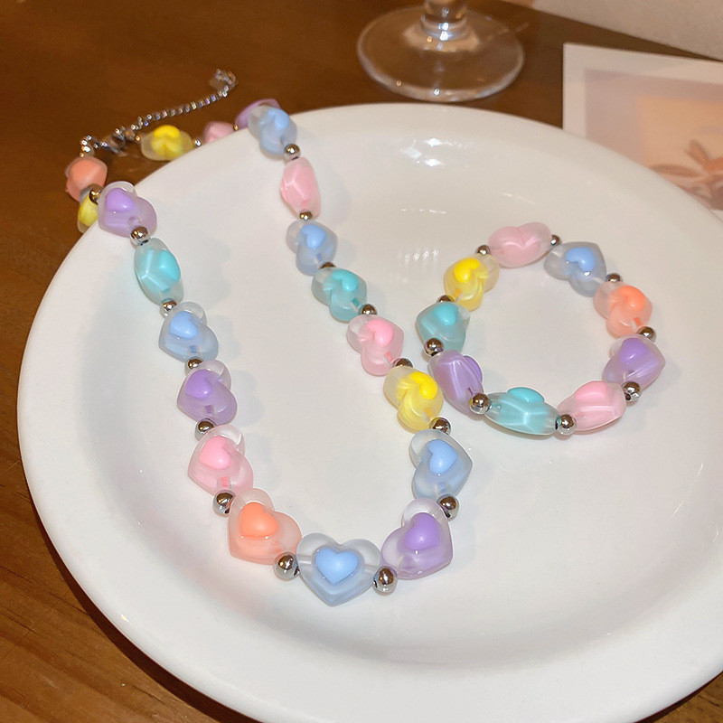 Koreai divat színes szerelmes szív gyöngyök nyaklánc női édes aranyos báj karkötő Esztétikus 2023 felkapott ékszerek