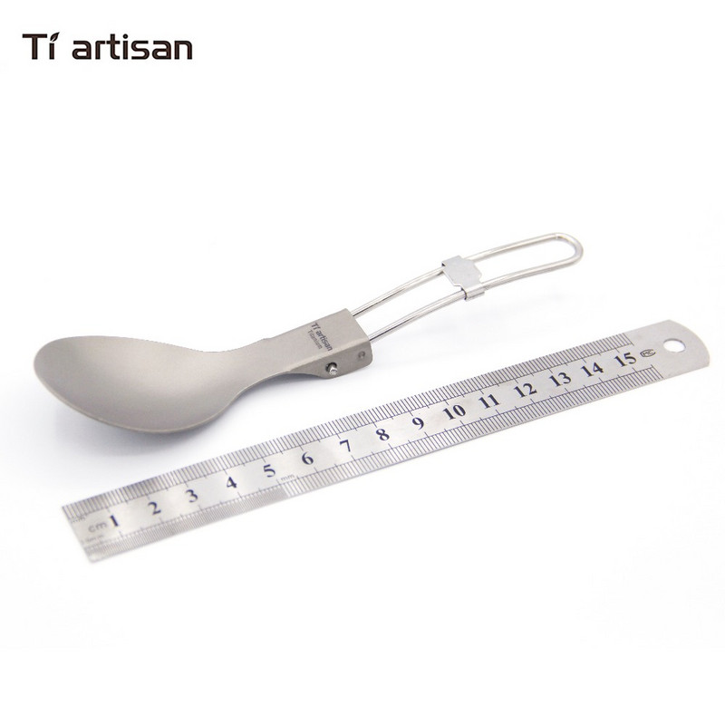 Tiartisan Titanium Hajtogatott nyél Spoon Camping Evőeszközök Hordozható Piknik étkészlet 304 Rozsdamentes acél nyéllel Spork Kés