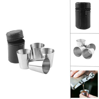 4 bucăți/set cană de călătorie cană de camping din oțel inoxidabil, vin, bere, whisky, balon de șold, ceașcă în aer liber pentru drumeții, bar, băuturi, cu piele PU