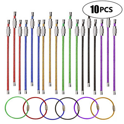 10 db Színes rozsdamentes acél drót kulcstartó karabiner kulcs kör kötél kábelhurok kültéri kemping túrázás túrázás poggyász azonosító címkék