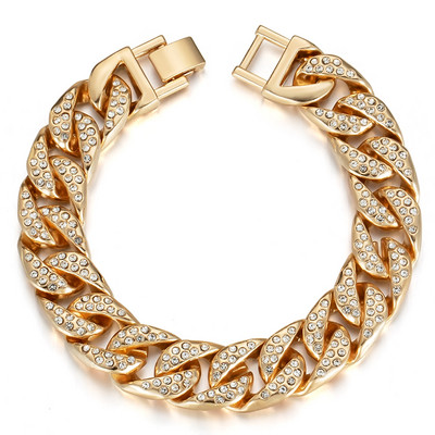 Zelta krāsa 17/19cm Kubas Miami Link ķēdes rokassprādzes vīriešiem Sievietēm Hip Hop Rhinestone Pave Rokassprādzes Rokas rotaslietas