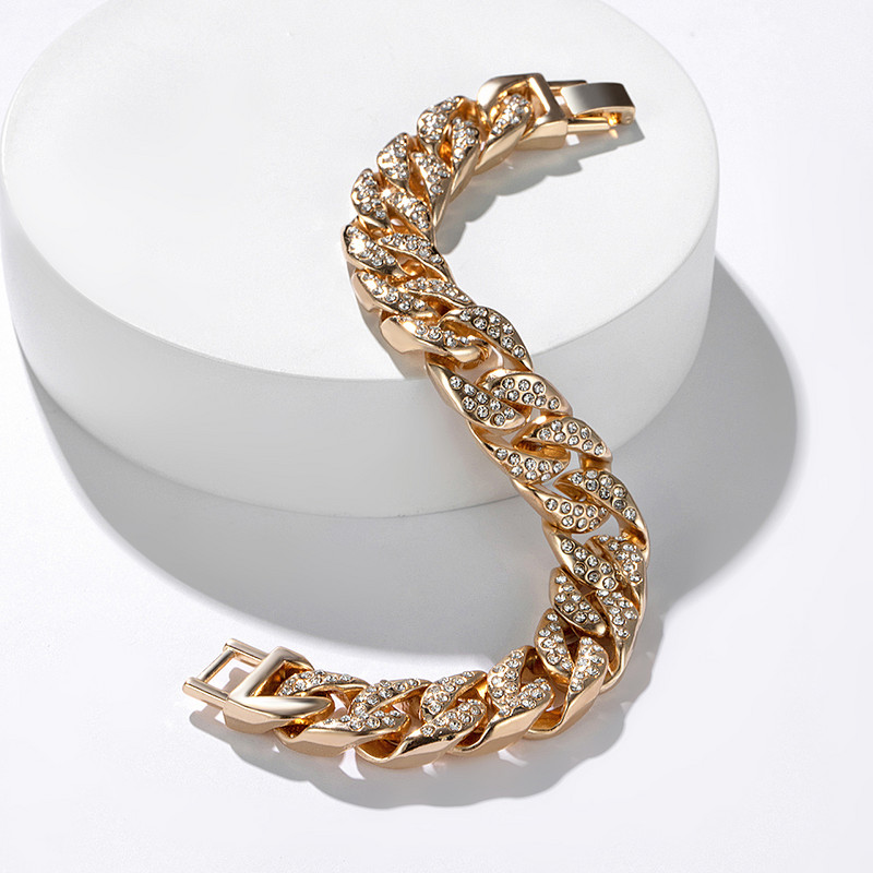 Zelta krāsa 17/19cm Kubas Miami Link ķēdes rokassprādzes vīriešiem Sievietēm Hip Hop Rhinestone Pave Rokassprādzes Rokas rotaslietas