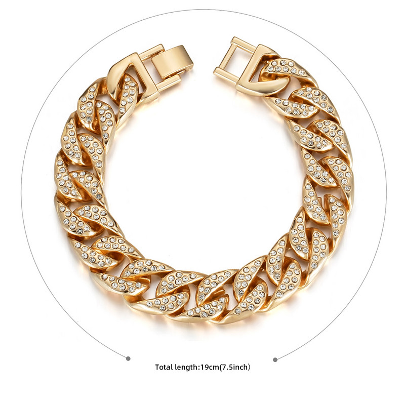 Zelta krāsa 17/19cm Kubas Miami Link ķēdes rokassprādzes vīriešiem Sievietēm Hip Hop Rhinestone Pave Rokassprādzes Rokas rotaslietas