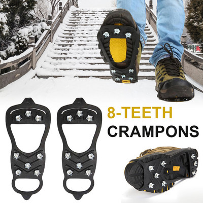 1 pereche de gheață antiderapant cu 8 dinți Spike, iarnă, alpinism, anti-alunecare, țepi de zăpadă, mânere, crampoane, peste huse de pantofi, crampon, dropship
