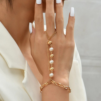 Чар Перлени мъниста Свързани пръсти Гривна Женски метален ръчен колан Верига Пръстен Модни бижута на едро