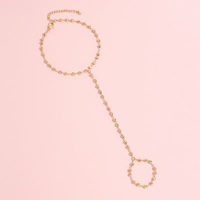 Divat elegáns arany színű csiszolt gyöngyök lánc karkötő ujjgyűrű nőknek, egyszerű összekötő kézi hám ékszer ajándékok