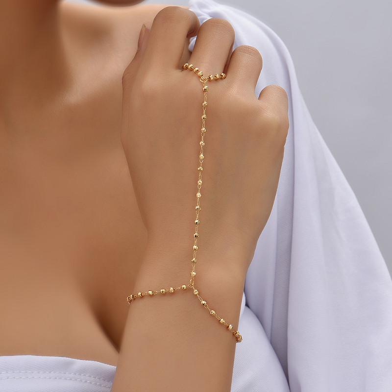 Divat elegáns arany színű csiszolt gyöngyök lánc karkötő ujjgyűrű nőknek, egyszerű összekötő kézi hám ékszer ajándékok