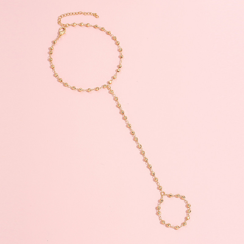 Divat elegáns arany színű csiszolt gyöngyök lánc karkötő ujjgyűrű nőknek, egyszerű összekötő kézi hám ékszer ajándékok