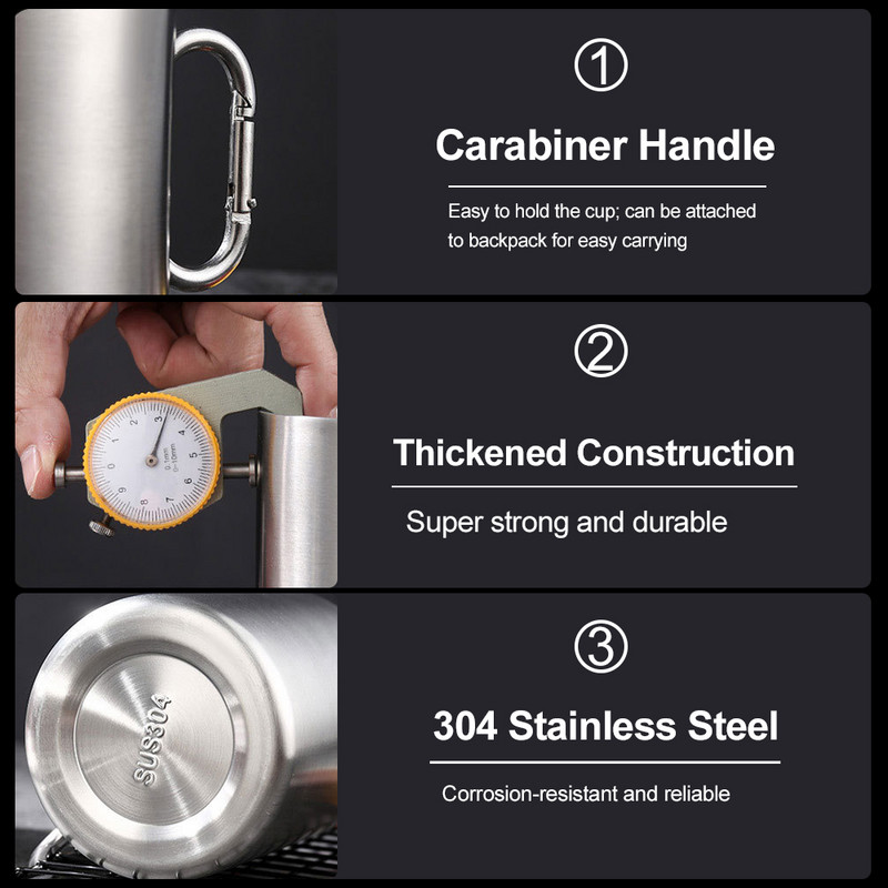 200 ml/300 ml/400 ml välikämpingu veetass roostevabast terasest kohvikruusi teetass karabiiniga käepidemega seljakotivarustuse jaoks