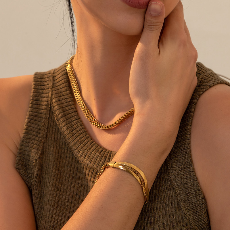 Jaunas modernas daudzslāņu plakanas skujiņas čūskas ķēdes rokassprādzes plakanas kubiešu ķēdes rokassprādzes vīriešiem sievietēm, nerūsējošā tērauda rotaslietas