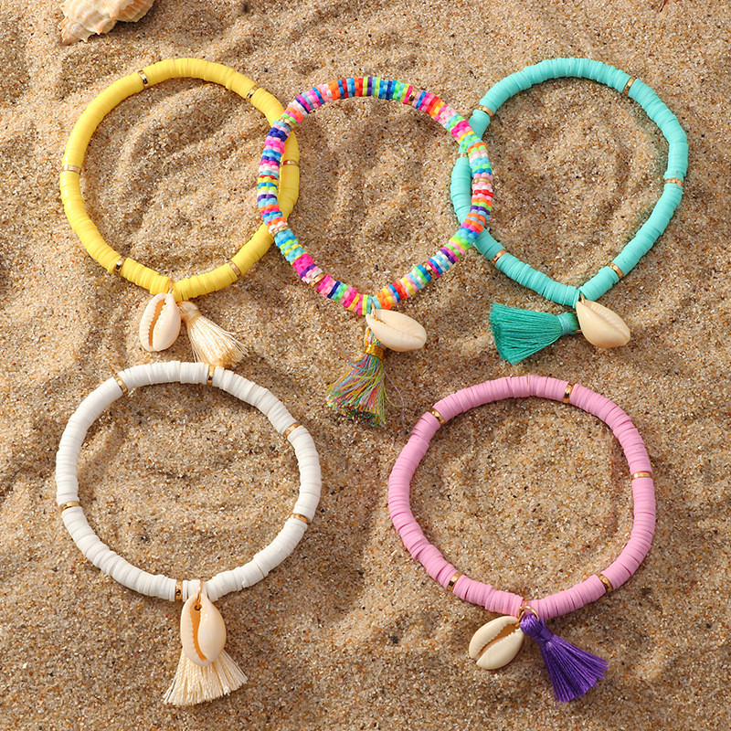 Bohēmijas etnisko gliemežvāku pušķu kuloni aproce sievietēm Krāsaini polimēru māla diski rokassprādze ballītei roku rotaslietas dāvanas