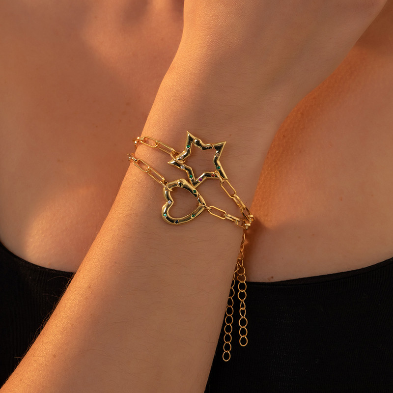 Új dizájn nyitható cirkon fém csattal rugós kapucsat szív csillag bájos karkötő női link lánc karkötők ékszerek