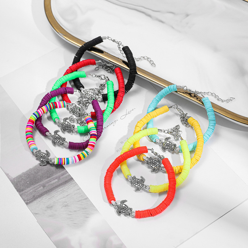 Vintažinės sidabrinės spalvos jūros vėžlio žavesio apyrankė moterims Boho polimerinio molio diskinės apyrankės moteriškos rankų darbo papuošalų aksesuaras