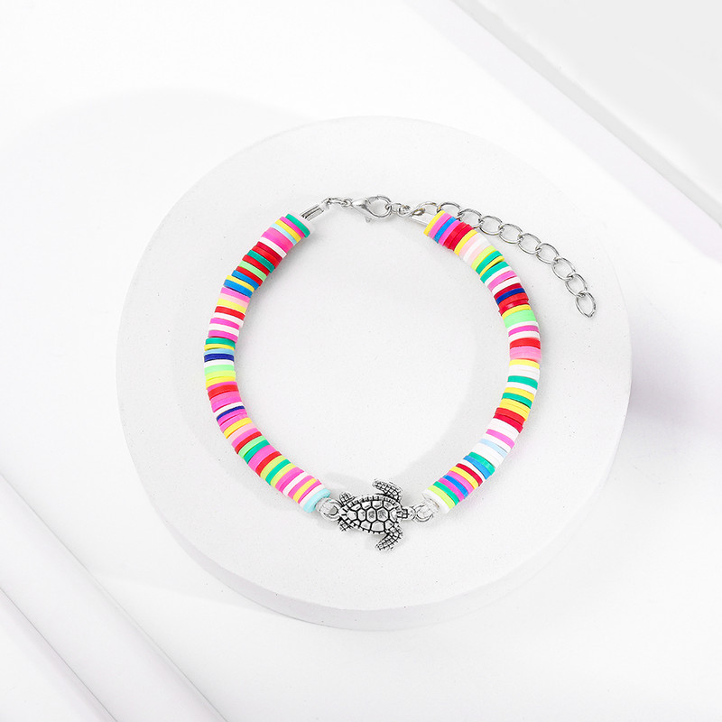 Vintažinės sidabrinės spalvos jūros vėžlio žavesio apyrankė moterims Boho polimerinio molio diskinės apyrankės moteriškos rankų darbo papuošalų aksesuaras