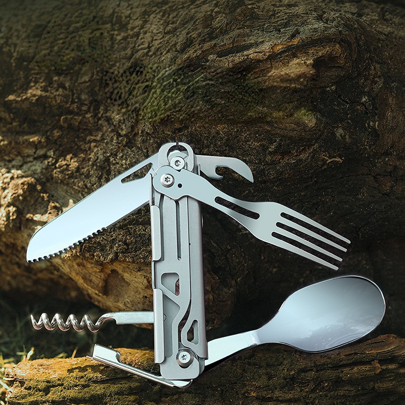 6in1 āra kempinga galda piederumi pārnēsājami nazis galda piederumi dakša karote pudeļu attaisāmais salokāms daudzfunkcionāls nerūsējošais tērauds ceļojumiem