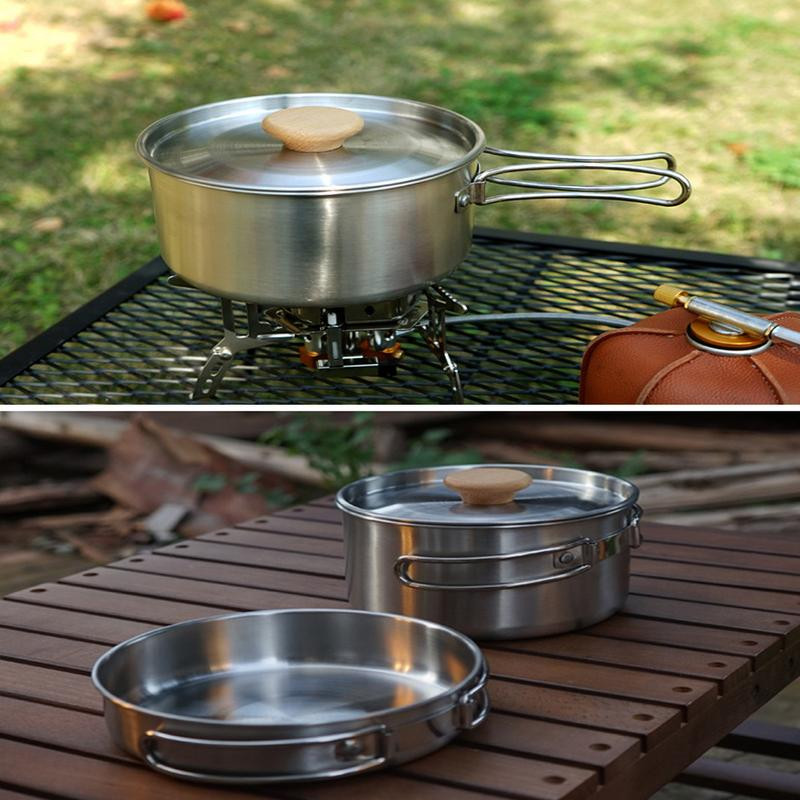 Rozsdamentes acél kemping edénykészlet tapadásmentes, könnyű edénykészlet kombinált készlet utazási hordtáskával, strapabíró kültéri főzőlappal