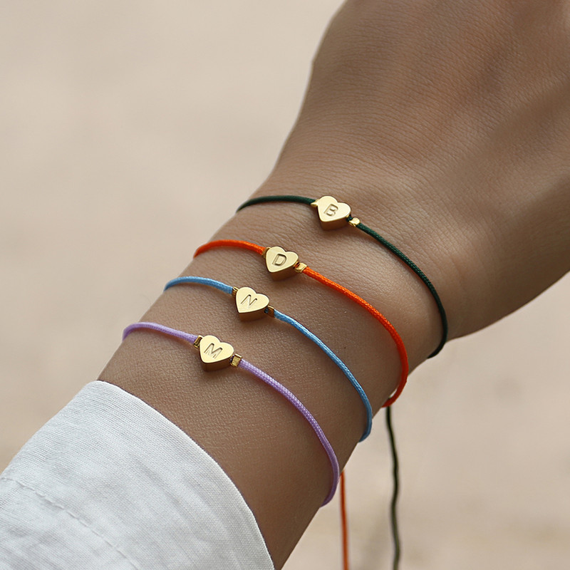 Jauna nerūsējošā tērauda sirds AZ burtu rokassprādze sievietēm, ar rokām austa, regulējama krāsaina virves šarmu rokassprādze sievietēm rotaslietas dāvana