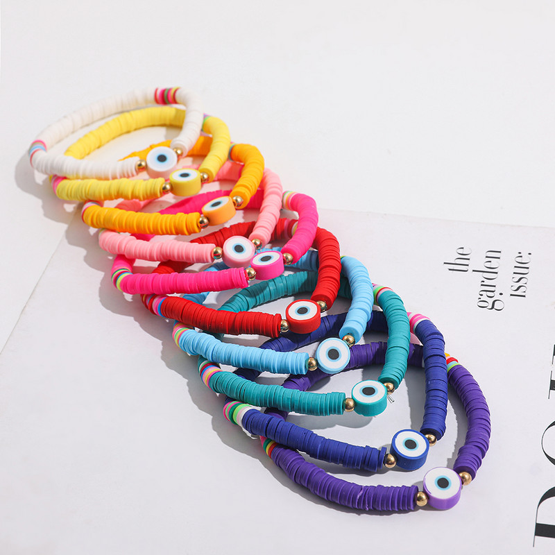 Bohemia polimēru māla apaļa ļauno acu rokassprādze sievietēm Krāsainas, rokām darinātas elastīgas diska pērlīšu virves rokassprādze Sieviešu laimīgas rotaslietas