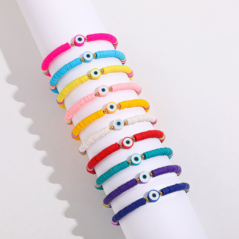 Bohemia polimēru māla apaļa ļauno acu rokassprādze sievietēm Krāsainas, rokām darinātas elastīgas diska pērlīšu virves rokassprādze Sieviešu laimīgas rotaslietas