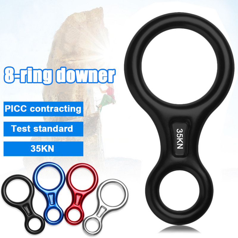 14,6 * 7,5 cm 8 vārdu kāpšanas riņķa virve, nolaišanās zobrata stiprinājuma ierīce lejup no kalna astoņi gredzeni, 35 KN figūras klinšu kāpšanas nolaižas