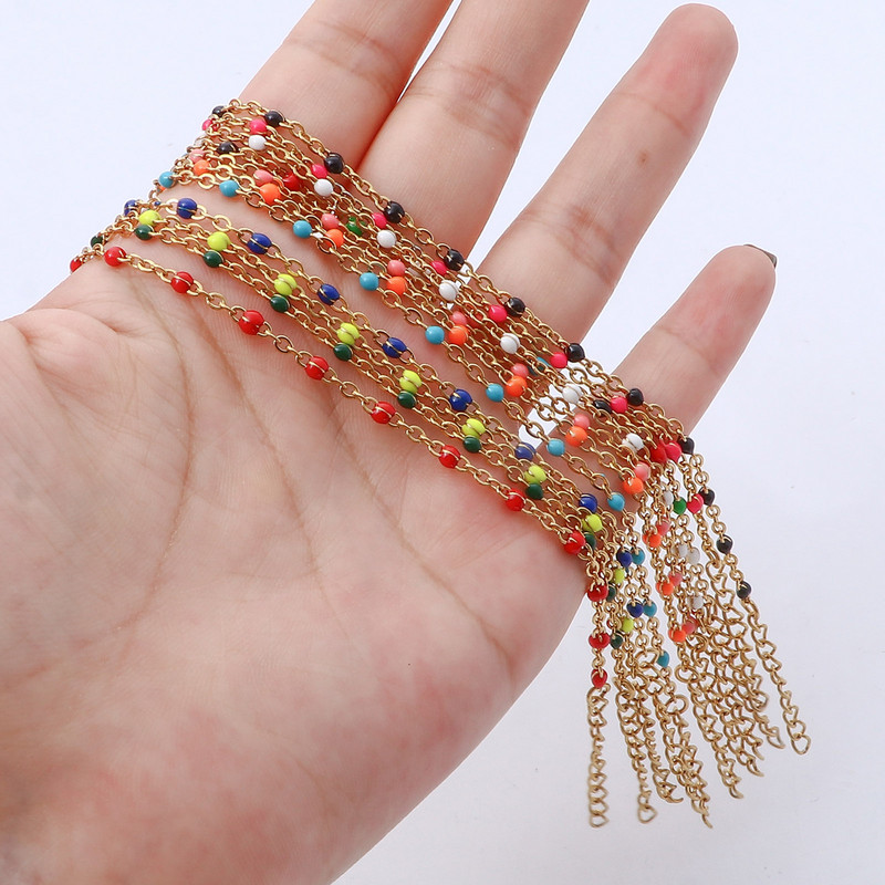 304 Nerūsējošā tērauda savienojuma kabeļu ķēdes rokassprādzes zelta krāsā metāla ķēdes daudzkrāsainas emaljas sievietēm rotaslietas dāvanas 17 cm garas, 1 gab.