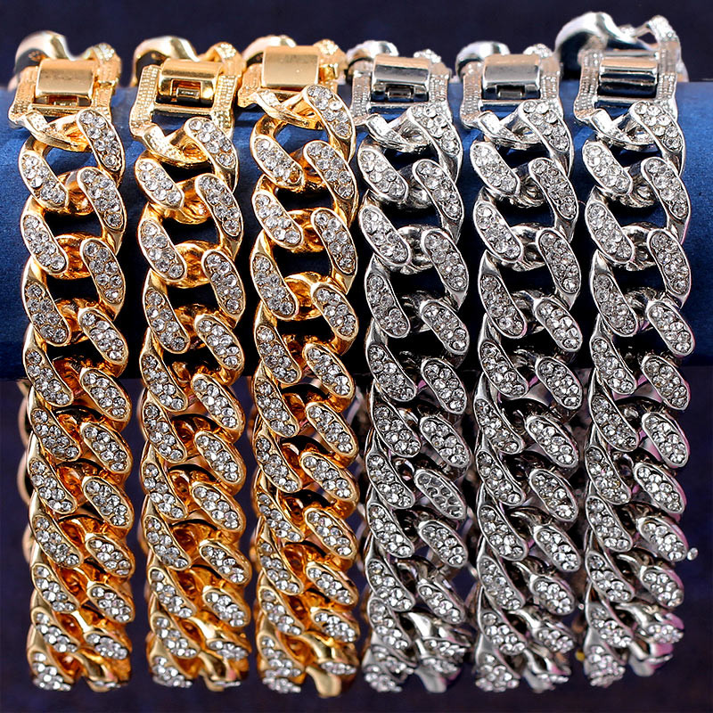 Jauna modes luksusa 12 mm Iced Out Cuban Link ķēdes rokassprādze sievietēm vīriešiem Zelta sudraba krāsa Bling Rhinestone rokassprādze Rotaslietas