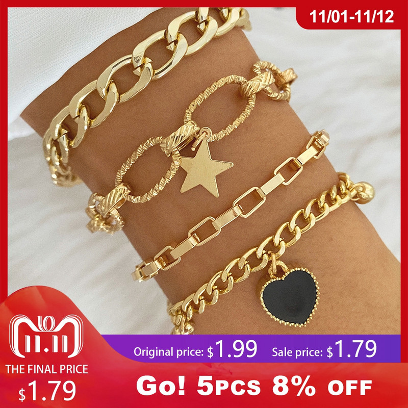 IPARAM Punk zelta metāla biezas ķēdes rokassprādzes sievietēm vīriešiem Pentagram sirds krelles kulonu šarmu rokassprādzes komplekts modes rotaslietas