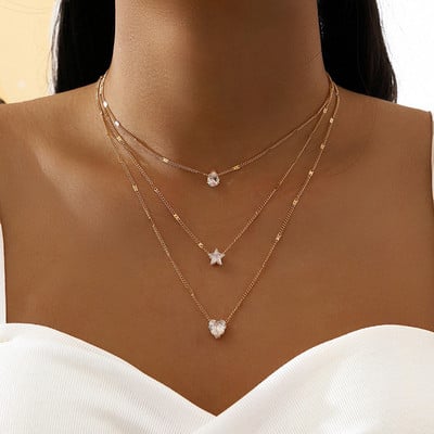 Σετ κρεμαστό κολιέ με στρώσεις Crystal Zircon Heart Star Charm Γυναικεία Γούρια Γυναικεία vintage κοσμήματα