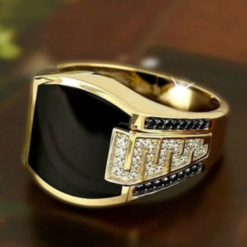 Класически мъжки пръстен, моден метален златен цвят, инкрустиран с черен камък, циркон, пънк пръстени за мъже, годежни сватбени луксозни бижута