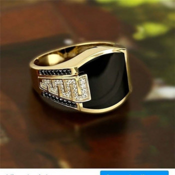 Класически мъжки пръстен, моден метален златен цвят, инкрустиран с черен камък, циркон, пънк пръстени за мъже, годежни сватбени луксозни бижута