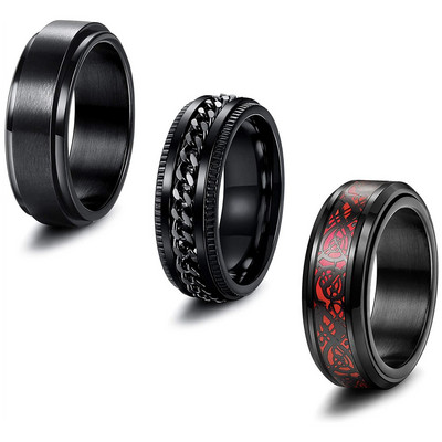 Modni crni vjenčani prsten od nehrđajućeg čelika Crni čelični lanac Muškarci Ženski vjenčani prsten s crvenim ugljičnim vlaknima s keltskim zmajem