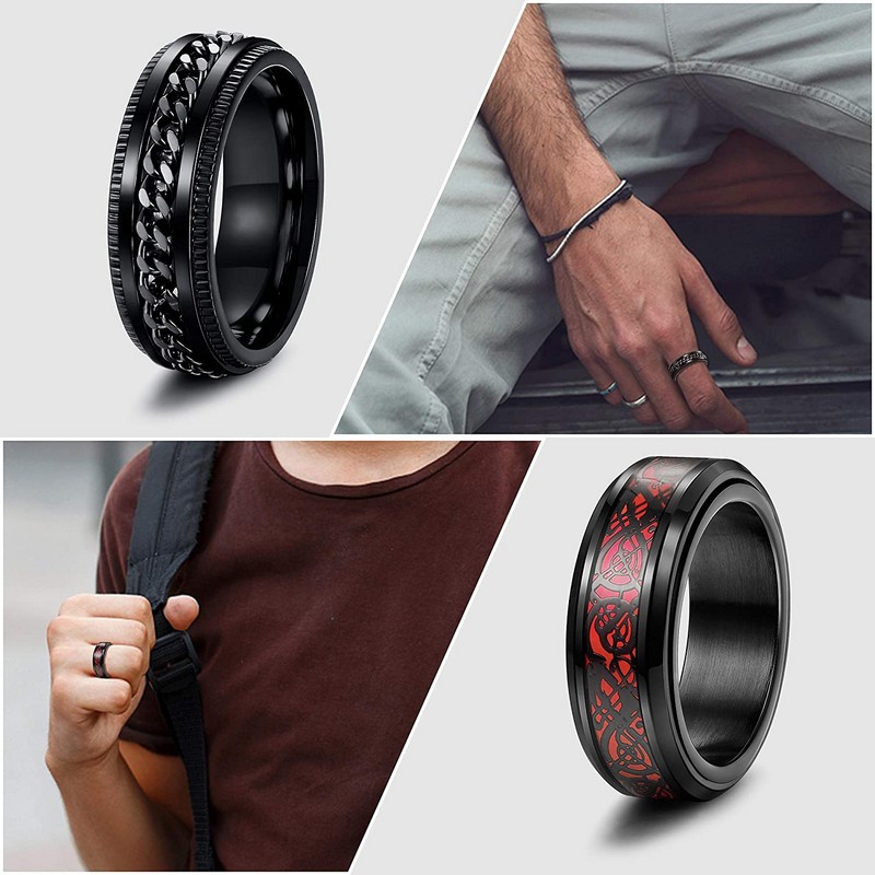 Modni crni vjenčani prsten od nehrđajućeg čelika Crni čelični lanac Muškarci Ženski vjenčani prsten s crvenim ugljičnim vlaknima s keltskim zmajem
