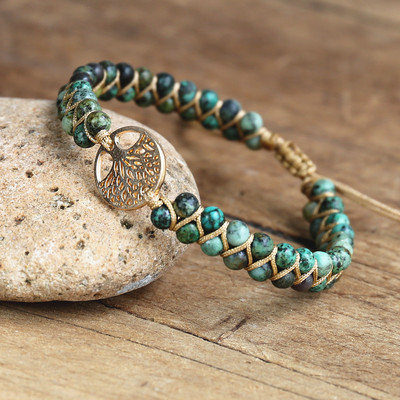 Ar rokām darināta dabīgā Āfrikas akmens pērlīšu Boho jogas ietīšanas rokassprādze un rokassprādze no nerūsējošā tērauda Dzīvības koka pītā šarmu aproce