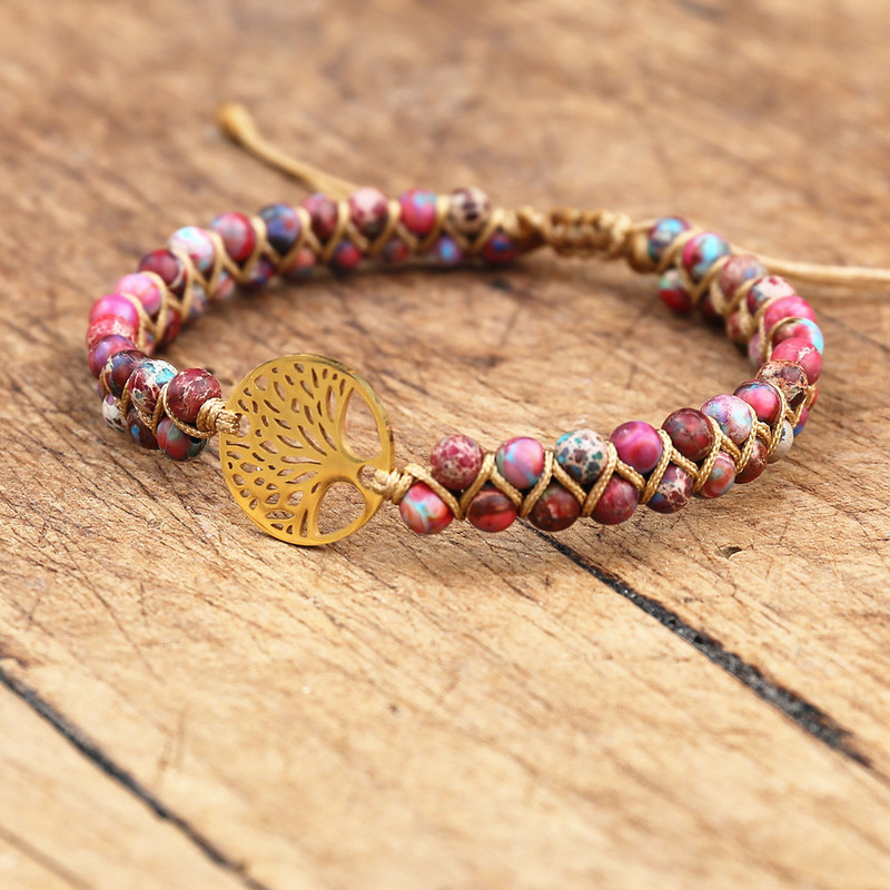 Ar rokām darināta dabīgā Āfrikas akmens pērlīšu Boho jogas ietīšanas rokassprādze un rokassprādze no nerūsējošā tērauda Dzīvības koka pītā šarmu aproce