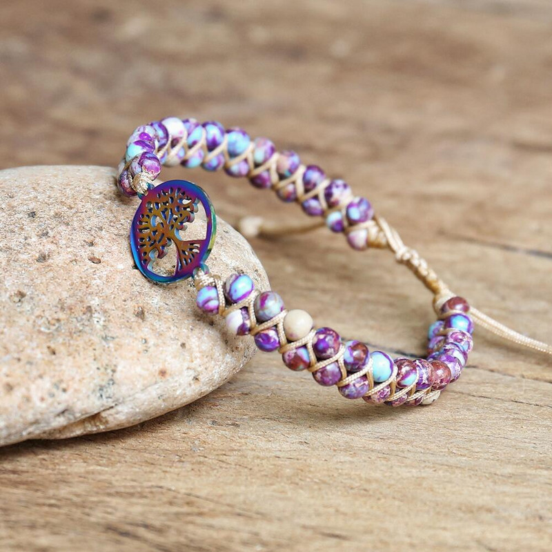 Ar rokām darināta dabīgā Āfrikas akmens pērlīšu Boho jogas ietīšanas rokassprādze un rokassprādze no nerūsējošā tērauda Dzīvības koka pītā šarmu aproce