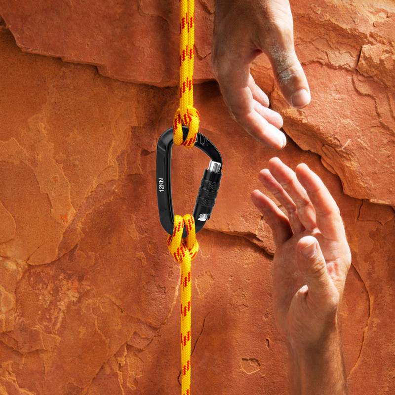 12KN karabinų spaustukai, alpinizmo speles, laipiojimo uolomis karabinas D formos saugos pagrindinio sraigtinio užrakto sagties laipiojimo įranga