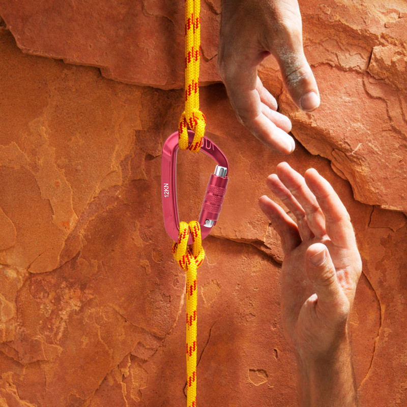 12KN karabinų spaustukai, alpinizmo speles, laipiojimo uolomis karabinas D formos saugos pagrindinio sraigtinio užrakto sagties laipiojimo įranga