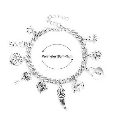 Vintage srebrna boja DIY slonovo srce brava ključ narukvica cvijet zvijezda krila modni privjesak šarm narukvica za muškarce žene