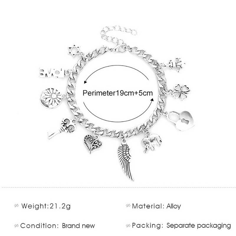 Vintage srebrna boja DIY slonovo srce brava ključ narukvica cvijet zvijezda krila modni privjesak šarm narukvica za muškarce žene