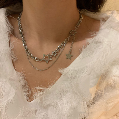 Fényes csillag réteges bojt Choker nyaklánc Y2k ékszerek nőknek 2022 divatos pentagram ezüst színű lánc cirkon báj nyakláncok