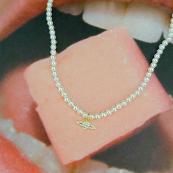 Y2K Αλυσίδα κοσμημάτων Vintage Crystal Zircon Planet Saturn Pearl Choker Κολιέ για γυναίκες Γυναικείο κολιέ Saturn μενταγιόν