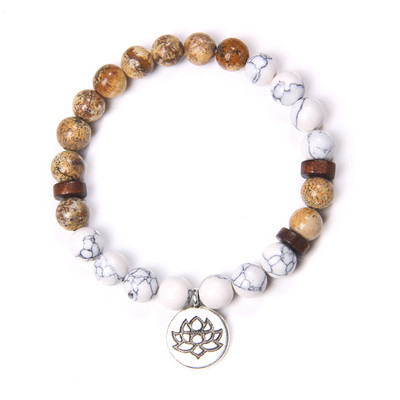 Kézzel készített természetes kőből készült Lotus Ohm Buddha gyöngyök karkötő Rózsaszín Zebra Stone Lotus Charm karkötő nőknek Férfi jóga ékszer Ajándékok
