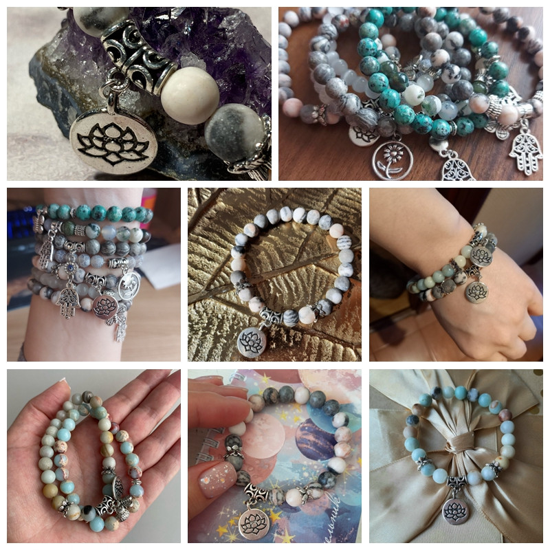 Kézzel készített természetes kőből készült Lotus Ohm Buddha gyöngyök karkötő Rózsaszín Zebra Stone Lotus Charm karkötő nőknek Férfi jóga ékszer Ajándékok