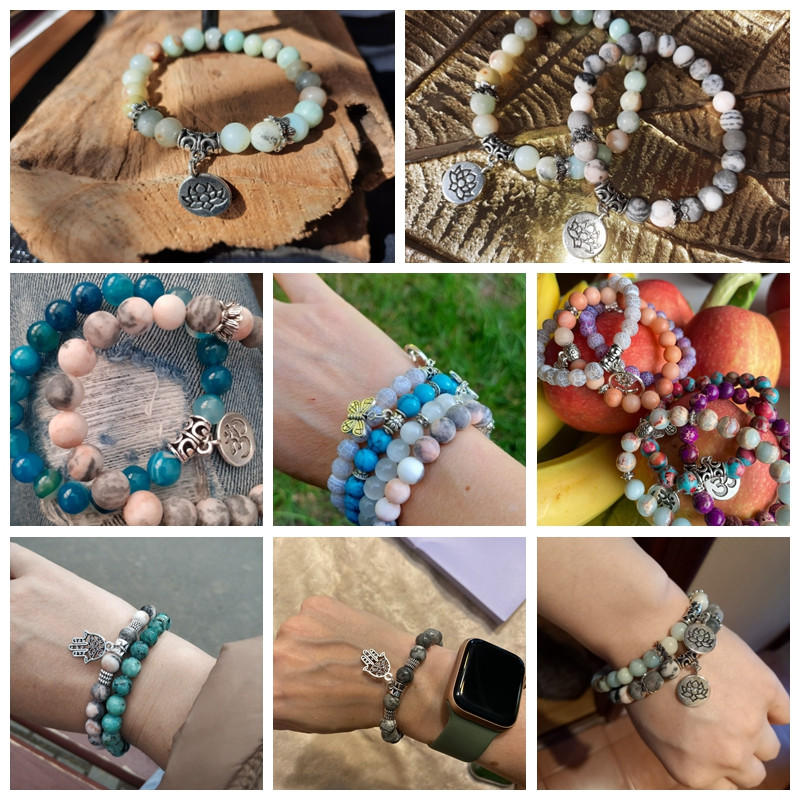 Kézzel készített természetes kőből készült Lotus Ohm Buddha gyöngyök karkötő Rózsaszín Zebra Stone Lotus Charm karkötő nőknek Férfi jóga ékszer Ajándékok